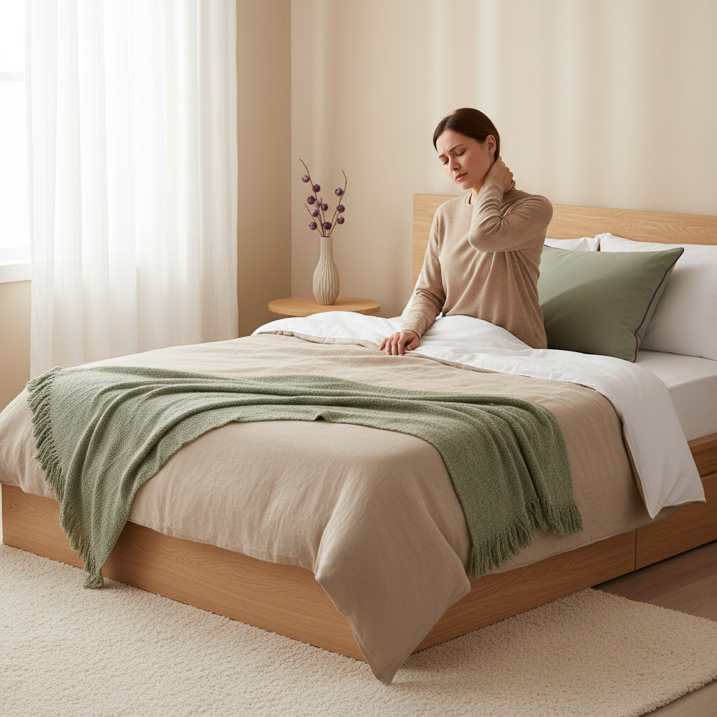 Person som forsiktig holder seg på nakken med et smertefullt ansiktsuttrykk, sittende i sengen om morgenen.