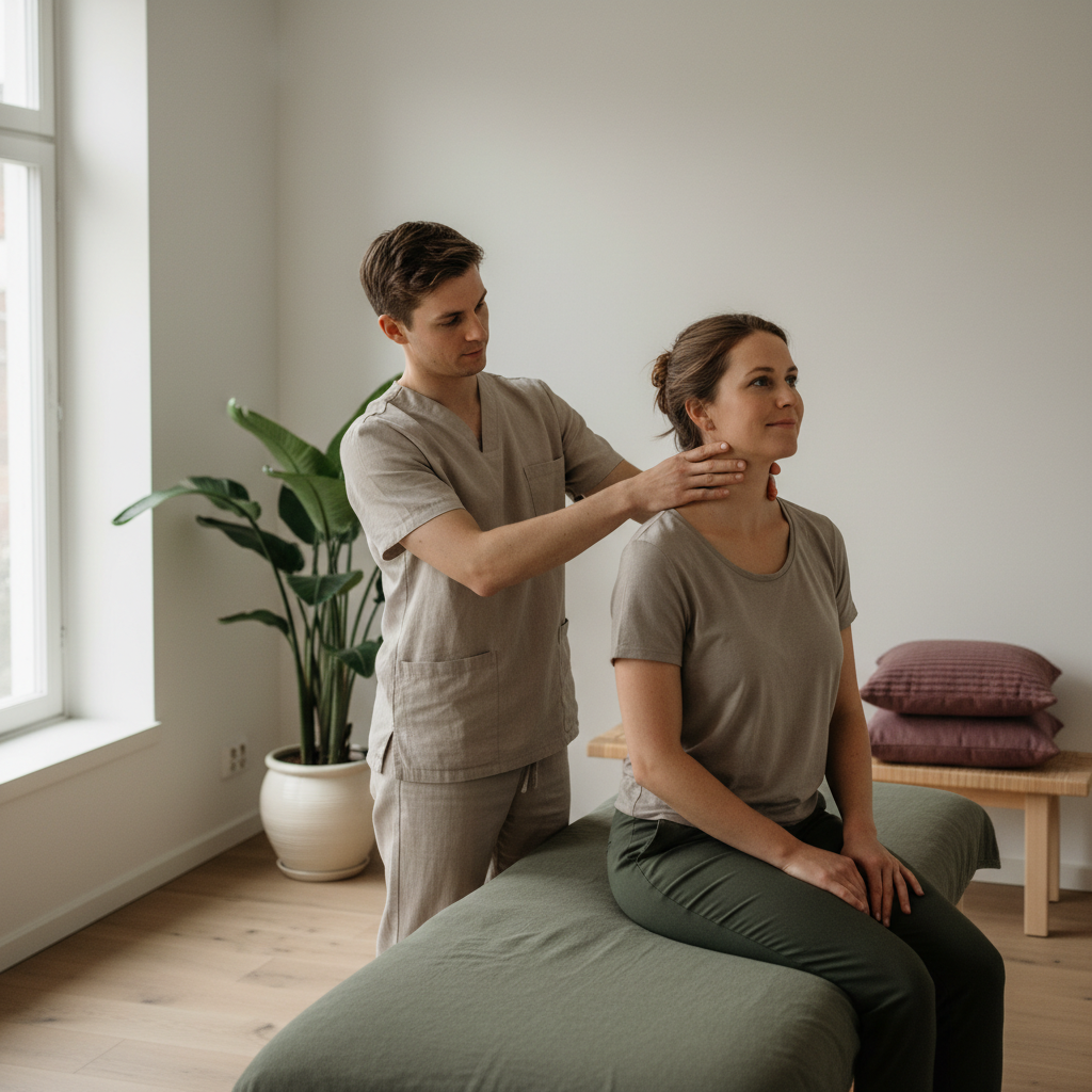Naprapat som forsiktig undersøker en pasients nakke, med fokus på faglig og trygg interaksjon.