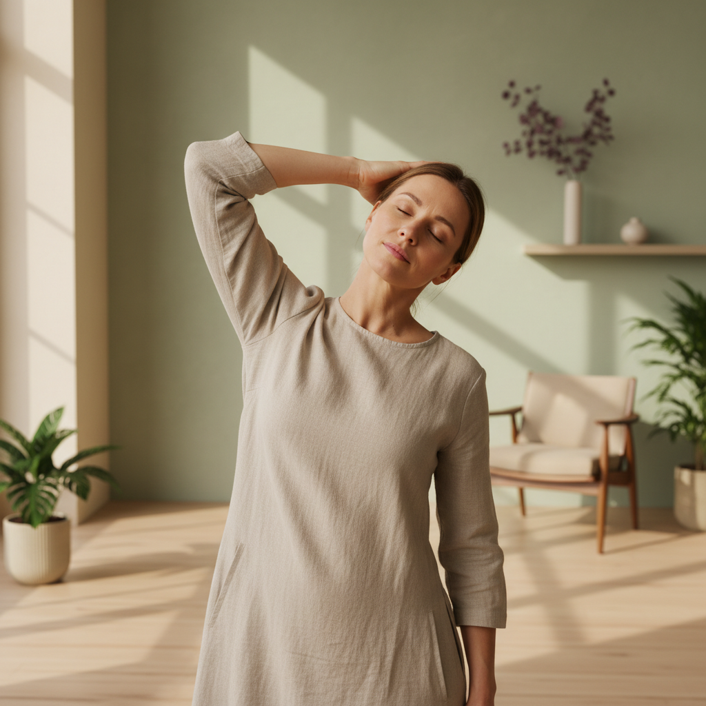 En person utfører en lett og skånsom nakkebevegelse eller strekk, med et rolig og fokusert ansiktsuttrykk i et lyst rom.