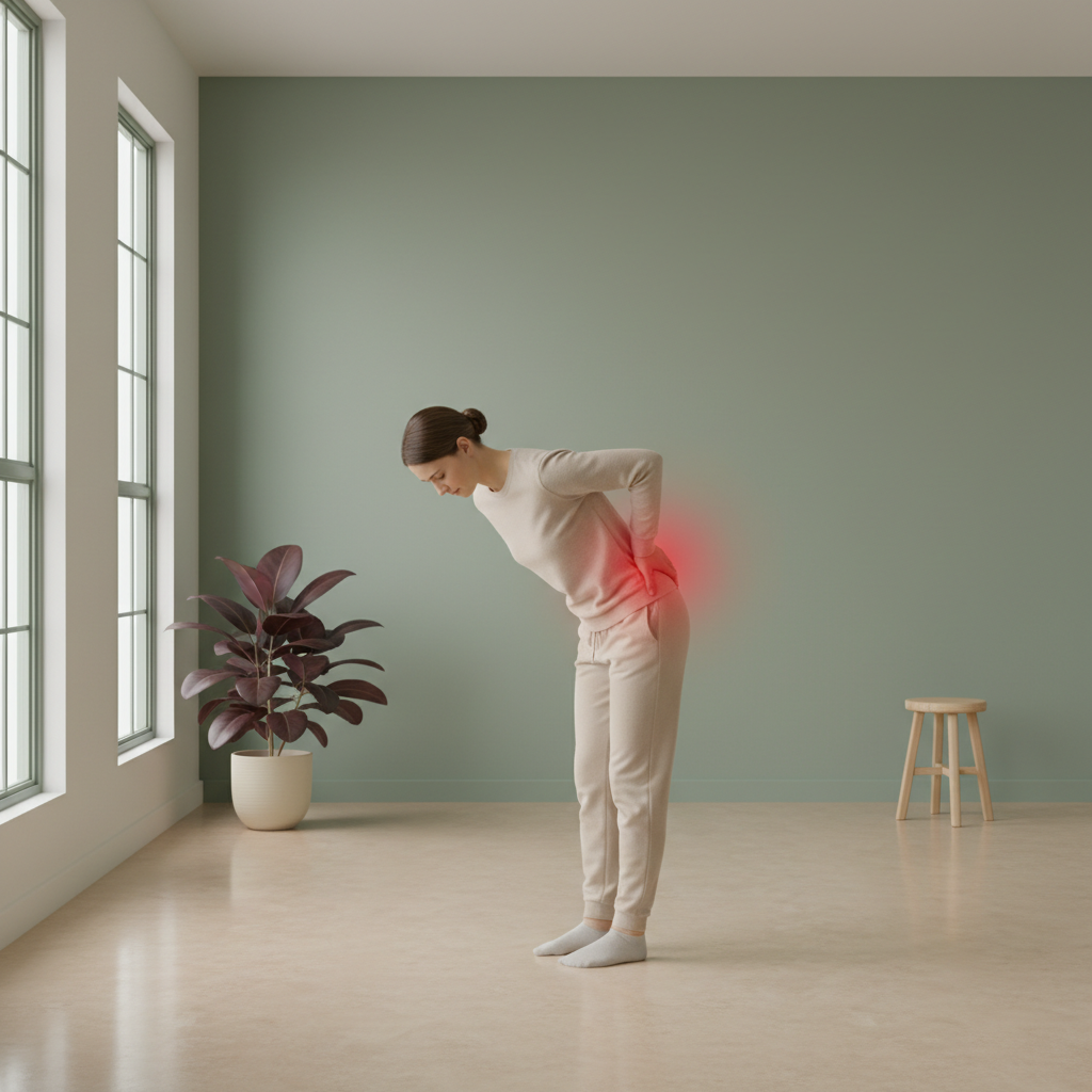 En illustrasjon av en person som holder seg på ryggen etter et plutselig løft, med en rød glød rundt området for å symbolisere akutt smerte.