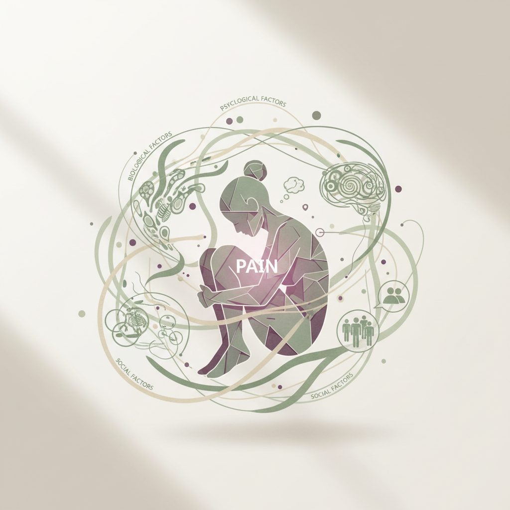 En illustrasjon som viser ulike faktorer (biologiske, psykologiske, sosiale) som flettes sammen rundt en person som symboliserer smerte.