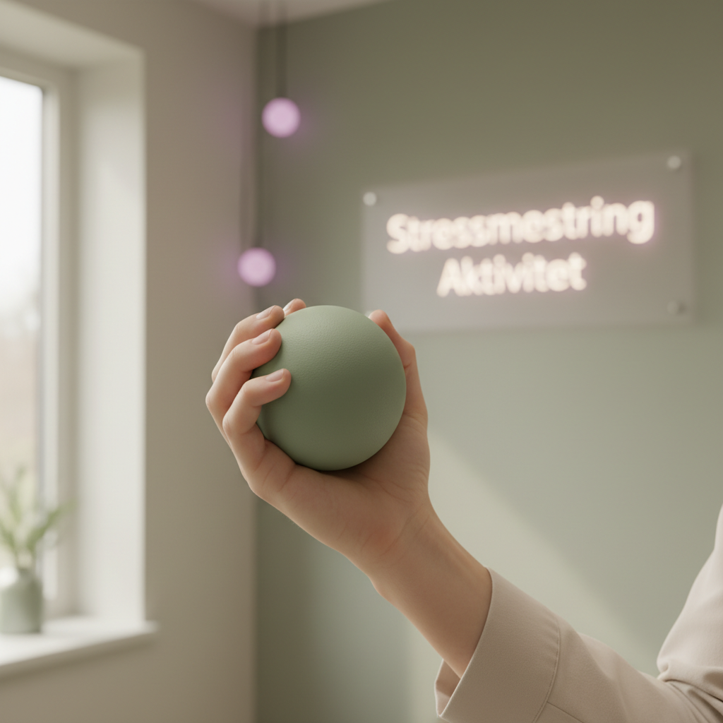 En hånd som holder en stressball, med tekst som sier "Stressmestring" og "Aktivitet" i bakgrunnen.
