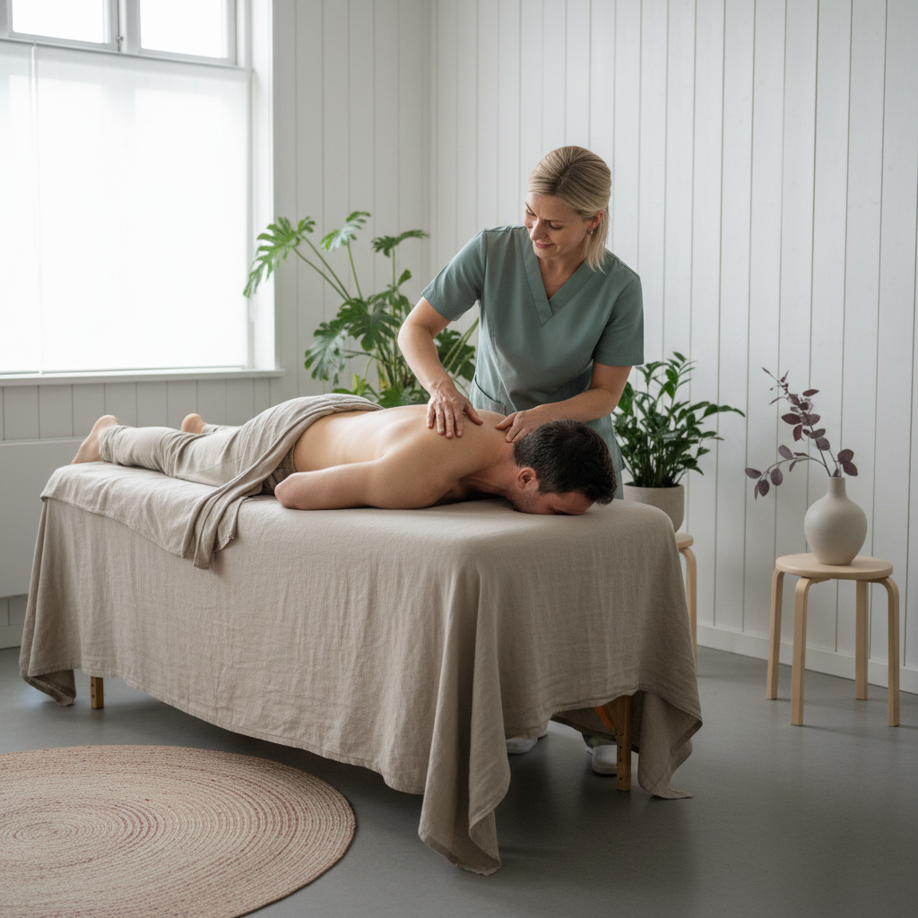 En naprapat som undersøker en pasients rygg, med fokus på kommunikasjon og empatisk berøring.
