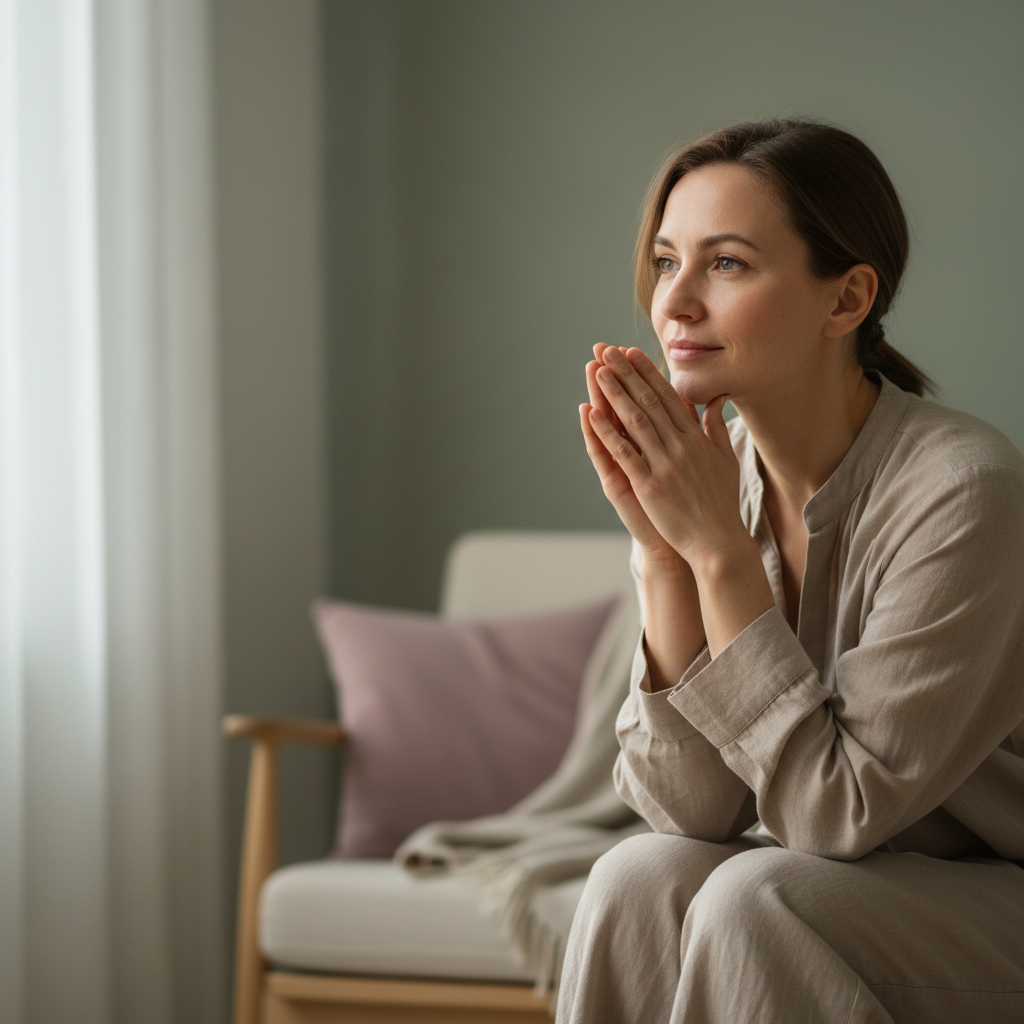 En person som sitter rolig, med krukkede hender og en lett, ettertenksom mine. Bakgrunnen er myk og utydelig, med dempede grønn- og beigetoner, som formidler ro og refleksjon.