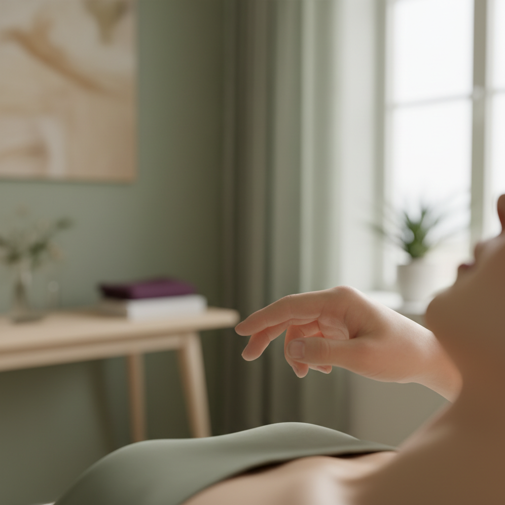 En rolig, litt uskarp nærbilde av en hånd som lett tapper på et punkt på et ansikt eller arm, med en følelse av mild berøring. Lys og farger er naturlige og dempede, med fokus på handlingen.