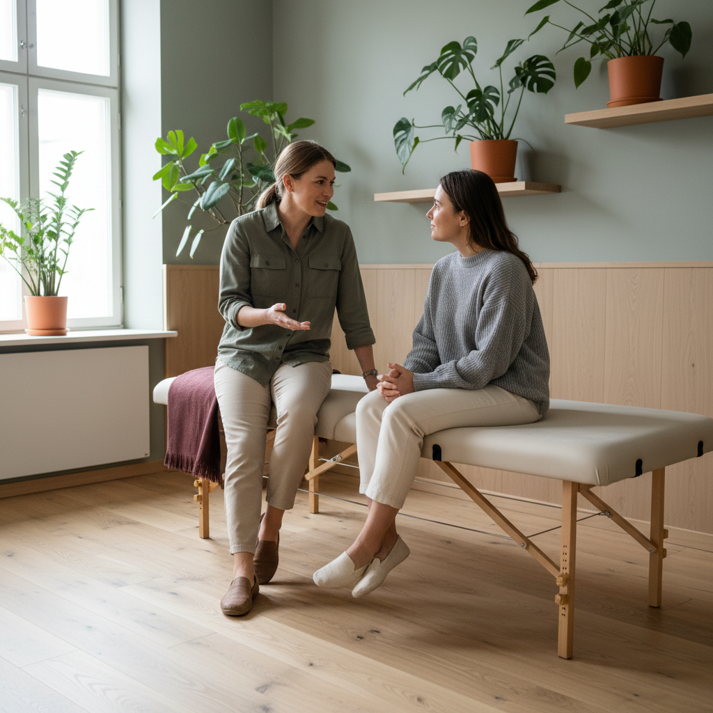 To personer i en klinisk setting, en terapeut (naprapat eller fysioterapeut) som lytter og rådgir en pasient. Begge er kledd i uformelle, men profesjonelle klær. Scenen er lys og åpen, med varme tresorter og grønne planter i bakgrunnen.