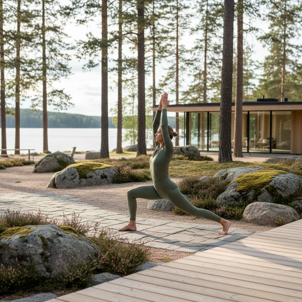 En person som praktiserer en rolig yoga- eller strekkøvelse utendørs i naturlig lys, kanskje i en park. Bildet gir en følelse av indre ro og styrke.
