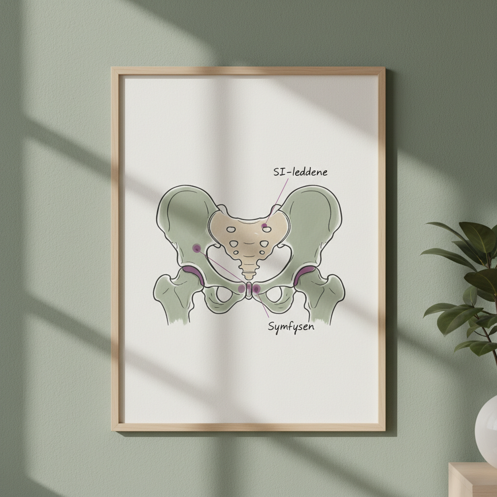 Anatomisk illustrasjon av bekkenet med SI-leddene og symfysen merket.