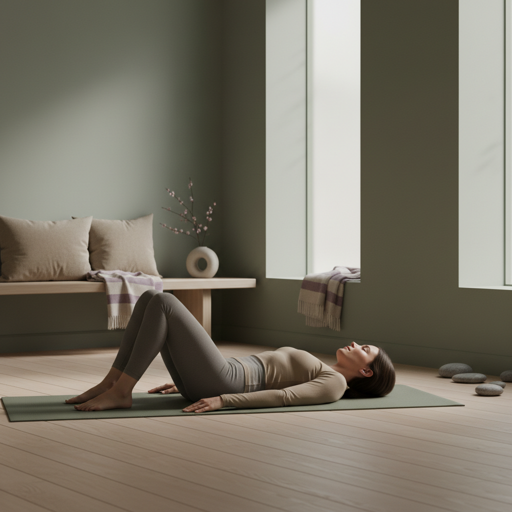 En person utfører en enkel bekkentilt øvelse på gulvet.