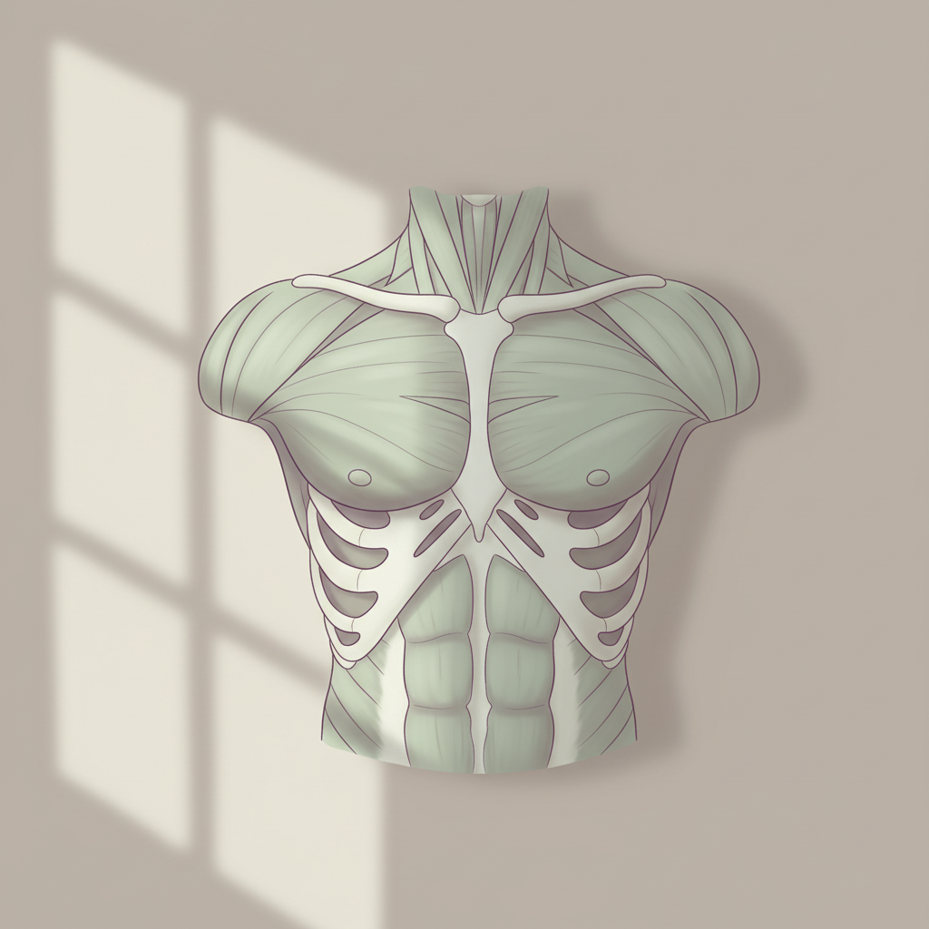 Illustrasjon av menneskelig overkropp med brystmuskulatur og ribbein markert, for å vise anatomien i brystregionen. Lyse farger og en nøytral bakgrunn.