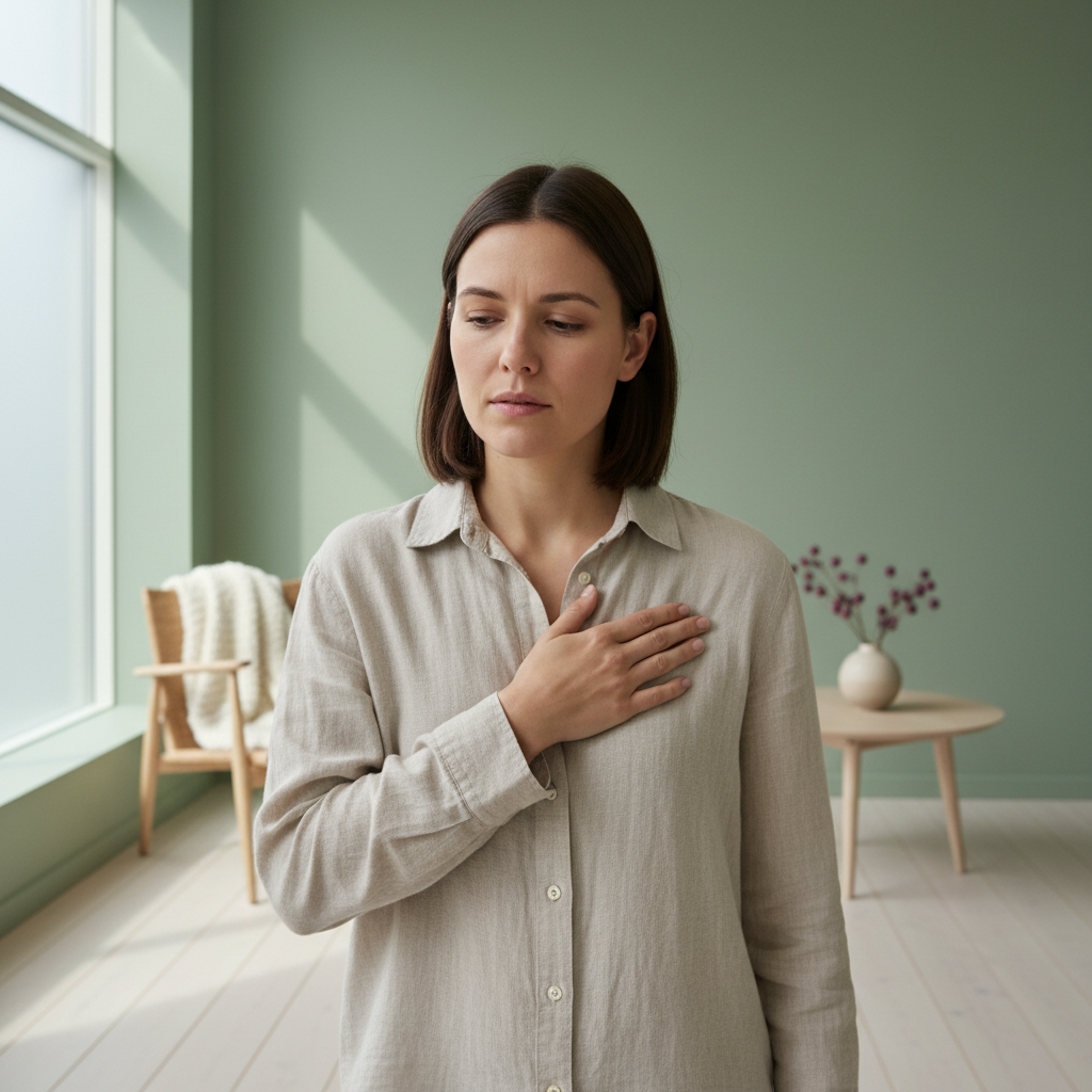 En person som forsiktig trykker på brystkassen for å indikere ømhet, med et mildt bekymret, men rolig ansiktsuttrykk. Nøytrale farger.