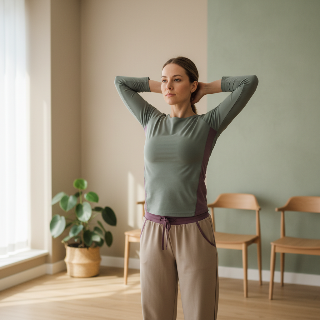 En person utfører en forsiktig bryststrekkøvelse, for eksempel armene bak hodet med albuene ut, sittende eller stående. Demonstrerer en effektiv, men skånsom strekk.