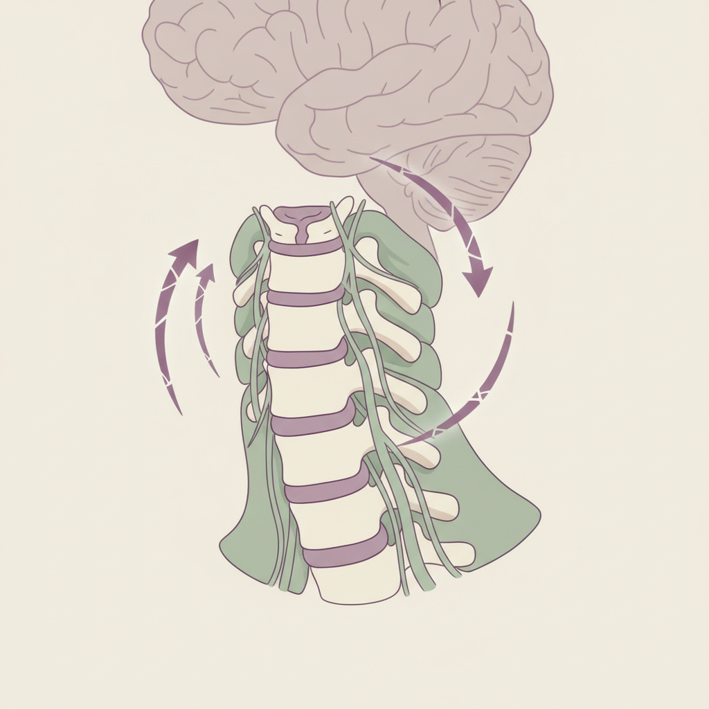 En illustrasjon som viser de øvre nakkevirvlene og de omkringliggende musklene og nervene, med piler som indikerer forstyrret signaloverføring til hjernen.