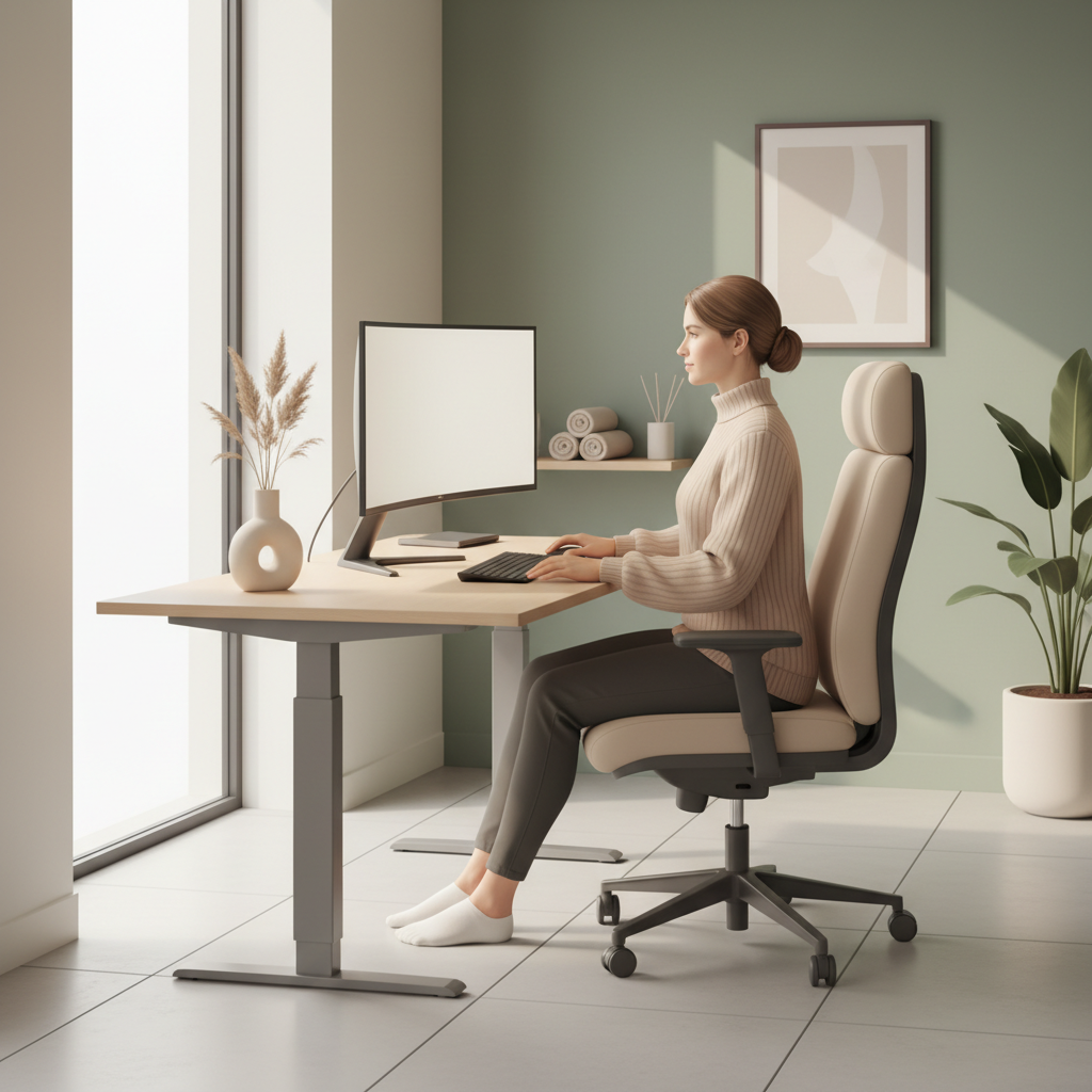 En illustrasjon av en person som sitter ergonomisk korrekt ved et hev/senk-bord, med en god holdning, riktig plassert skjerm og tastatur.