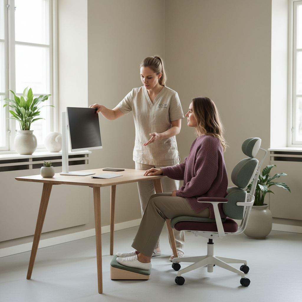 En Cor Optima naprapat veileder en kontorarbeider om riktig sittestilling og justering av skjermhøyde, med fokus på personlig tilpasning.