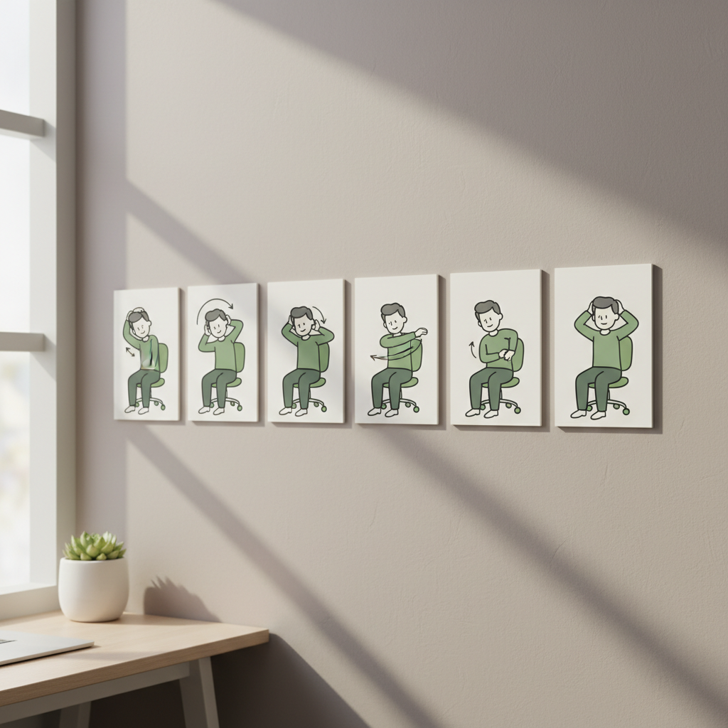 En serie med små illustrasjoner som viser enkle strekkøvelser for nakke, skuldre og rygg som kan gjøres ved kontorpulten.