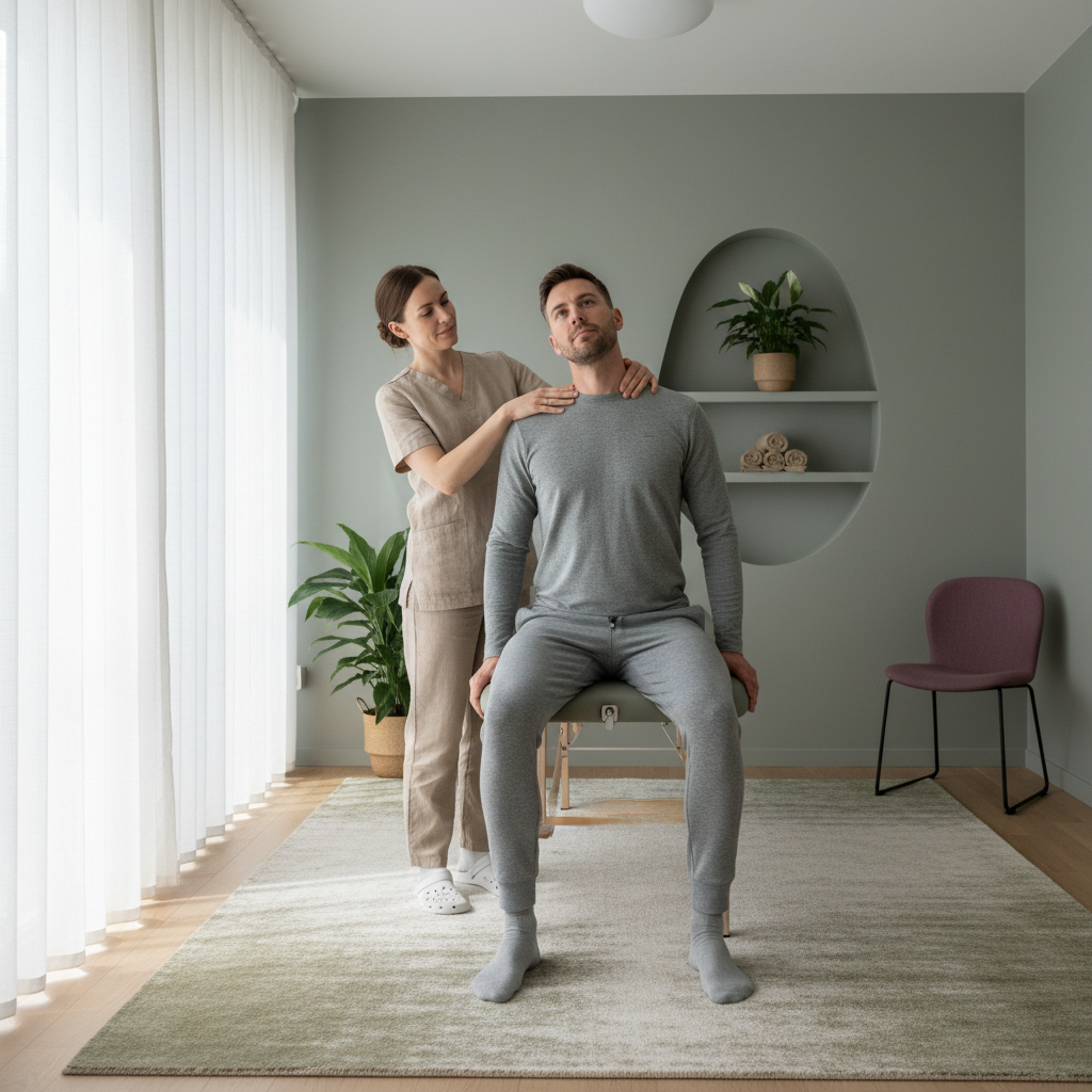 En rolig scene fra en fysioterapiklinikk hvor en naprapat forsiktig veileder en pasient i nakkeøvelser. Fokus er på trygghet og veiledning, med dempede farger og naturlig lys.