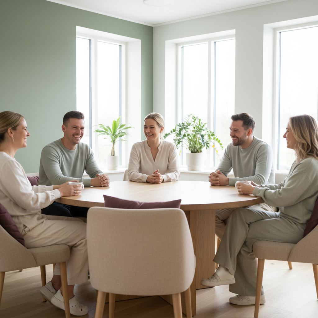En gruppe mennesker som smiler og er avslappede i en veiledningssituasjon, muligens en liten gruppeterapi eller workshop. Atmosfæren er varm og støttende, med mye naturlig lys.