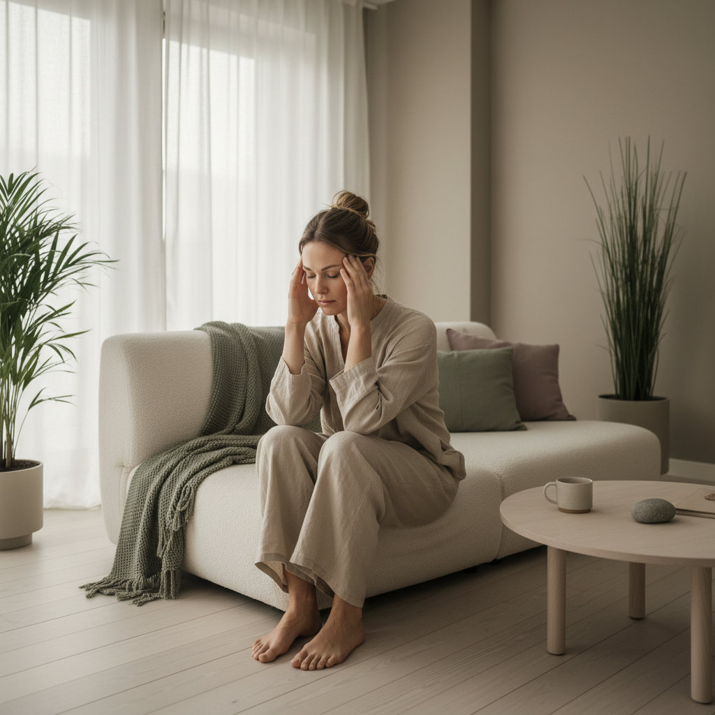En person som har tydelig smerter i hele kroppen. Muskelverk