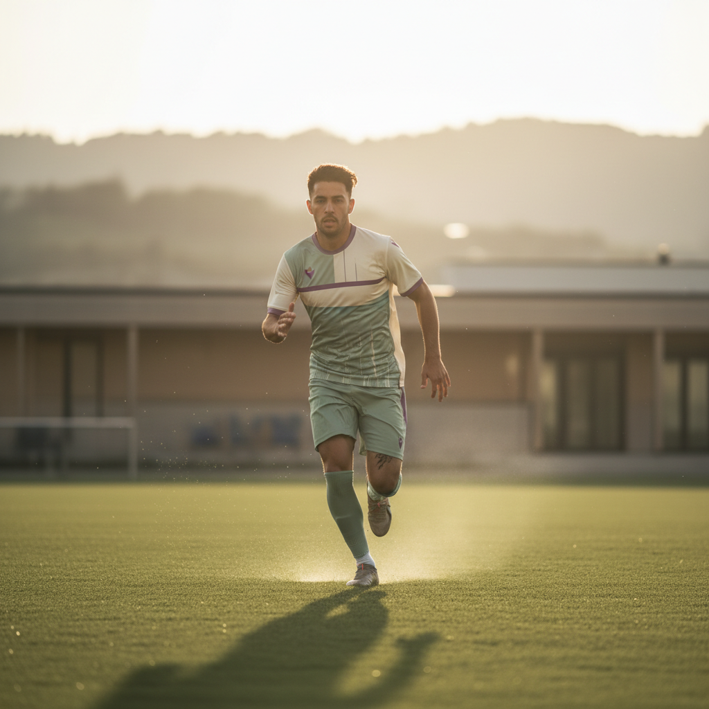 En fotballspiller i full spurt på en grønn fotballbane, med fokus og energi. Solen skinner bakfra og gir spilleren en glød. Fargene er myke grønne og varme gule/beige.