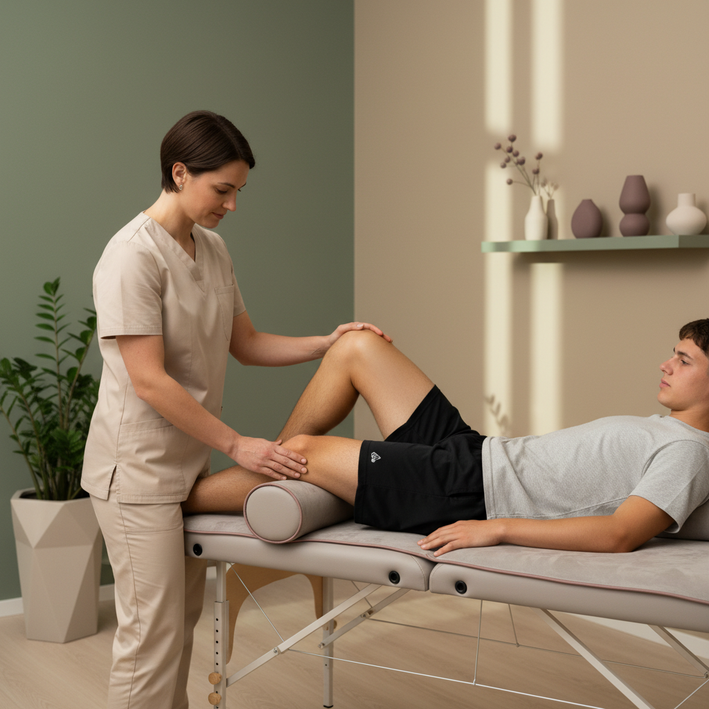 En Cor Optima naprapat behandler en ung fotballspillers leggmuskulatur på en behandlingsbenk. Scenen er trygg og profesjonell, med lyse grønne og beige farger i bakgrunnen.