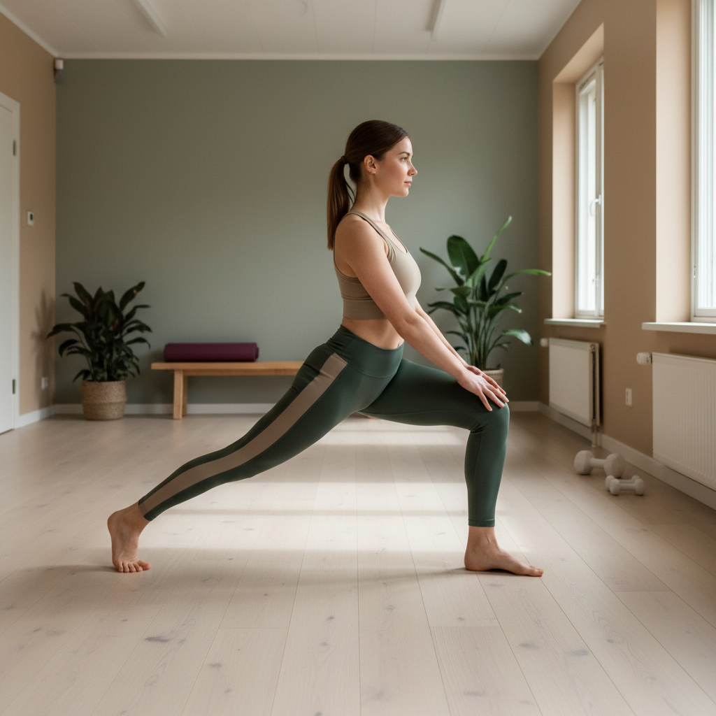 En person utfører en dynamisk strekkøvelse for beina, muligens et hoftebøy, i en ren og rolig innendørs treningssetting. Myke grønne og beige farger i rommet.