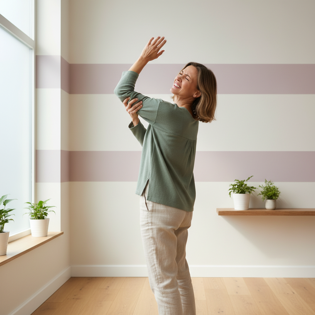 En person som prøver å strekke armen oppover, men ansiktet viser smerte og bevegelsen er tydelig begrenset. Illustrerer vanskelighetene med daglige gjøremål for en med frossen skulder.