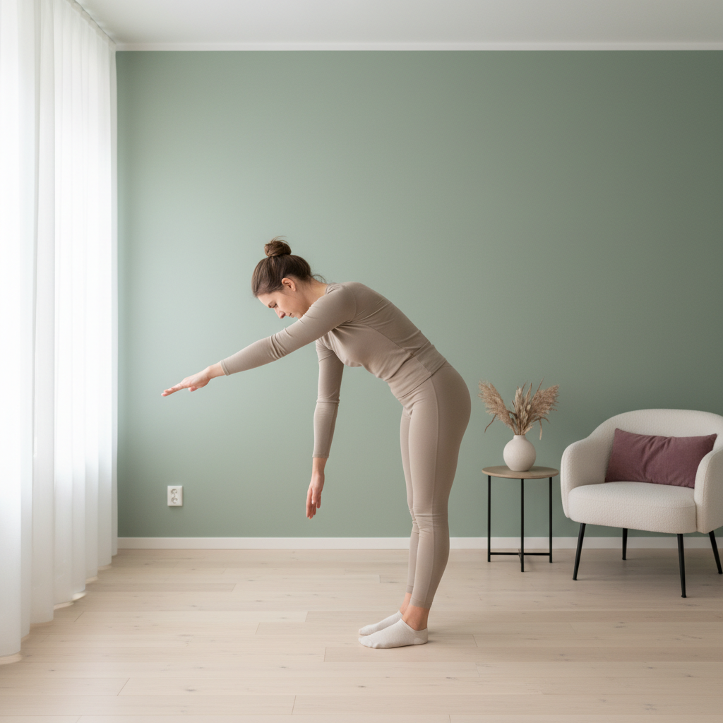 En person som utfører en enkel pendeløvelse for skulderen, stående med lett fremoverbøyd overkropp og armen hengende avslappet, svingende forsiktig frem og tilbake.