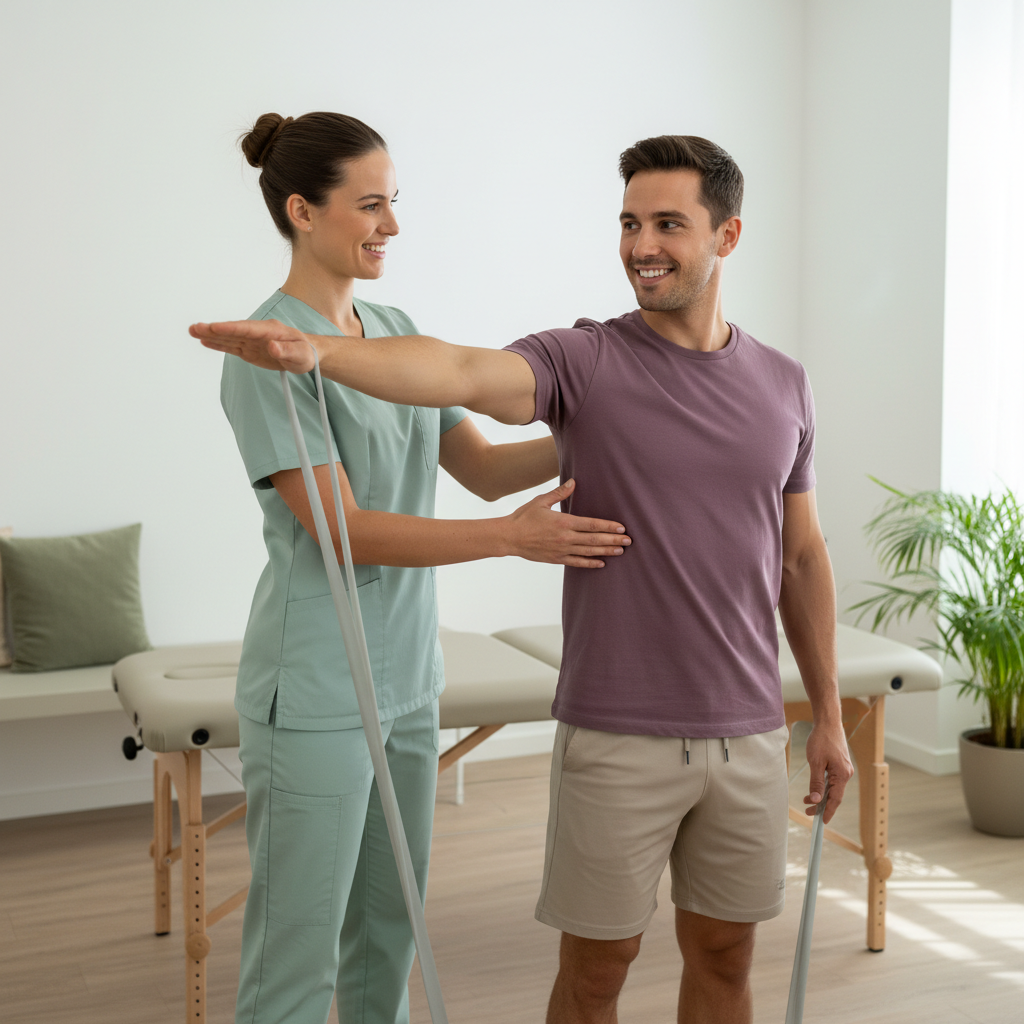 To personer – en fysioterapeut som instruerer en pasient, som er i ferd med å utføre en skulderøvelse med et motstandsbånd. Begge smiler og ser engasjerte ut.