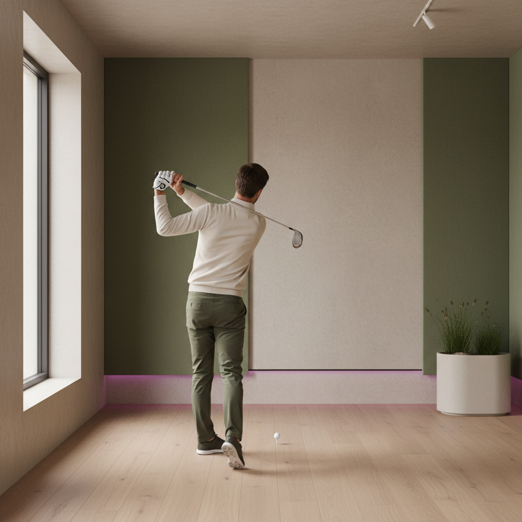 En golfspiller i toppen av golfsvingen, med ryggen til og fokus på ballen. Minimalistisk stil med grønne og beige toner.