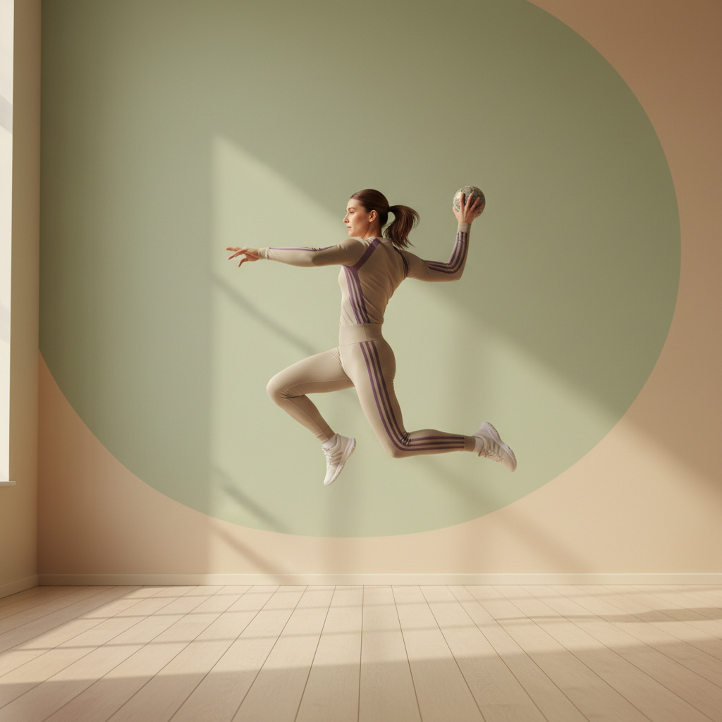 En håndballspiller i full aksjon, kaster et skudd, med fokus på muskelaktivering, i en skandinavisk, minimalistisk stil med grønne og beige toner.