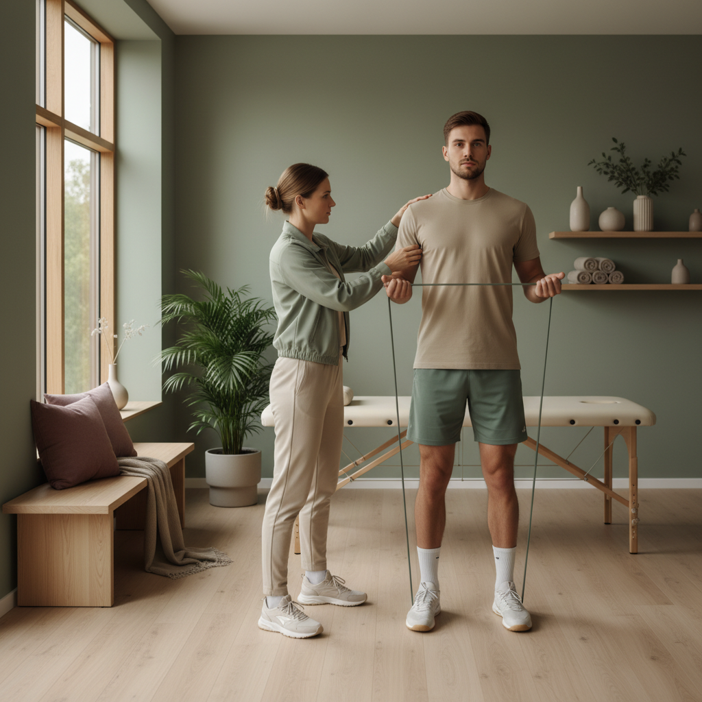 En fysioterapeut som veileder en håndballspiller i en øvelse med strikk, med fokus på korrekt teknikk og kroppsholdning, i naturlige farger med grønne innslag.