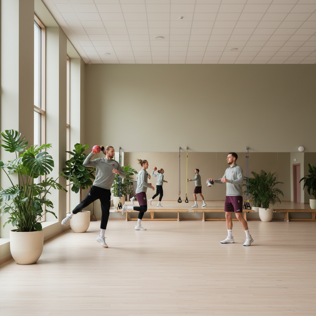 En gruppe håndballspillere på trening, med fokus på samhold og bevegelsesfrihet, i et lyst treningsstudio med et snev av grønne planter.