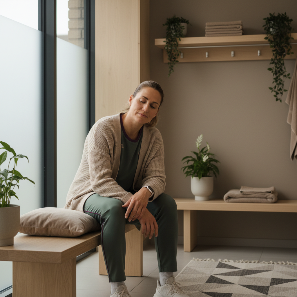 En avslappet håndballspiller sitter på en benk i garderoben og reflekterer, med et fokus på ro og avslapning, i behagelige toner.