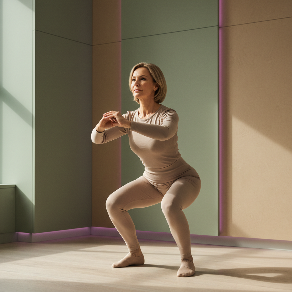 En middelaldrende kvinne med et mildt, men bestemt ansiktsuttrykk, utfører en lett knebøy med god holdning. Fokus er på bevegelse, ikke perfekt form. Myke grønn- og beigetoner i bakgrunnen.