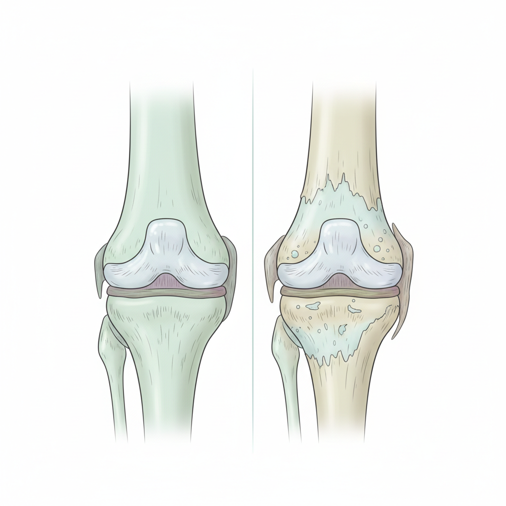 En illustrasjon som viser et kneledd i tverrsnitt. Den ene halvdelen viser et sunt ledd med tykk, glatt brusk, mens den andre halvdelen viser et ledd med tynnere, ujevn brusk og beinforandringer karakteristisk for artrose. Myke, medisinske farger.
