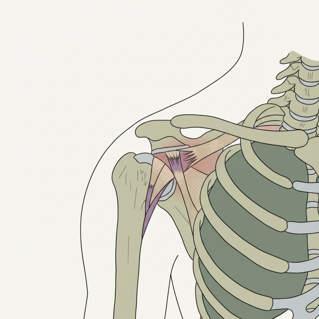 En illustrasjon som viser en tverrsnitt av skulderleddet, med rotatorcuff-sener og bursa klemt mellom overarmsbenet (humerus) og skulderbladets akromion. Illustrasjonen bør visuelt representere en impingementsituasjon med en lett rødlig nyanse i det klemte området for å indikere irritasjon.