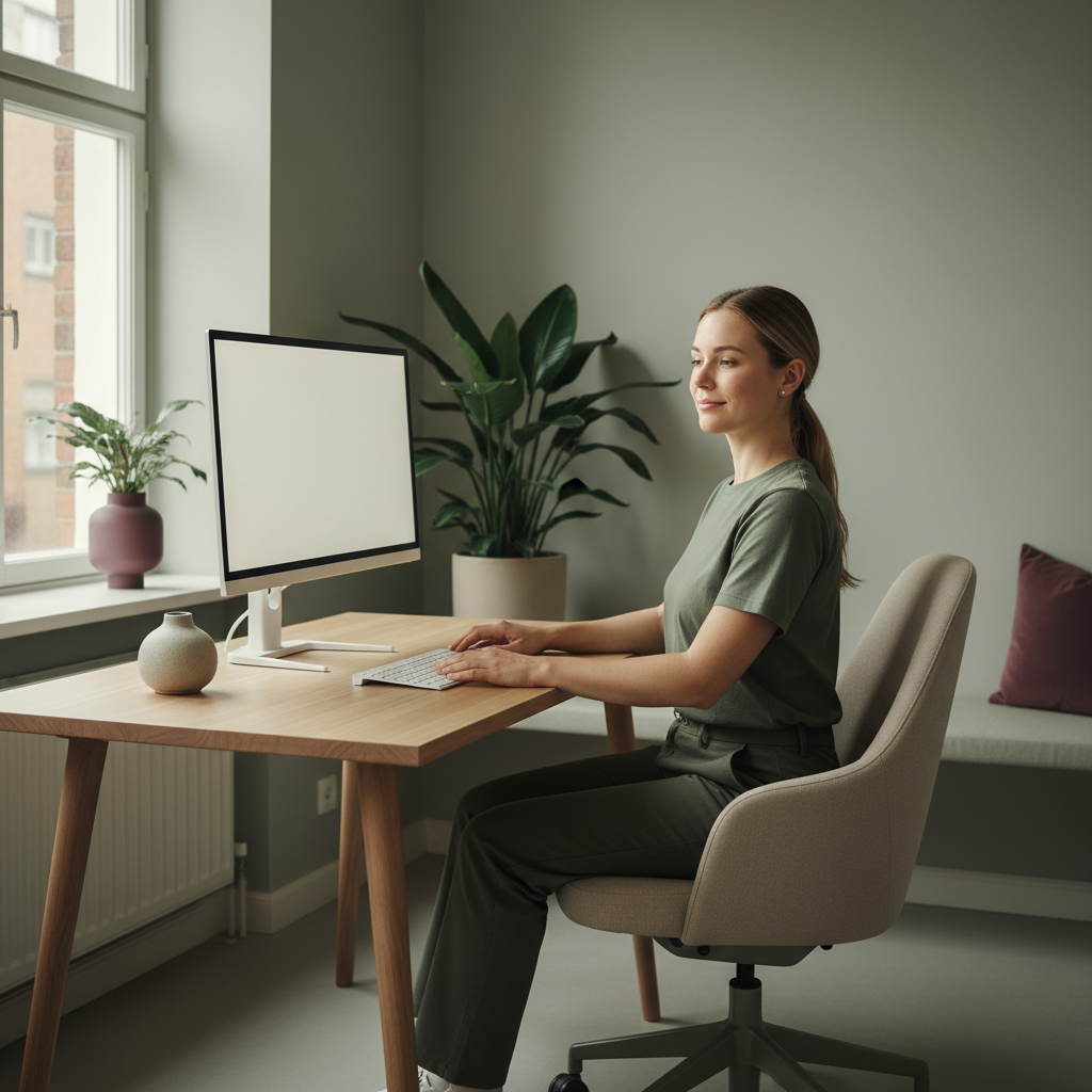 En person som sitter ved et skrivebord med god ergonomi; rett rygg, skuldrene senket og avslappet, armene i 90-graders vinkel til tastaturet, og skjermen i øyehøyde. Bildet skal illustrere god arbeidsstilling og ergonomi.