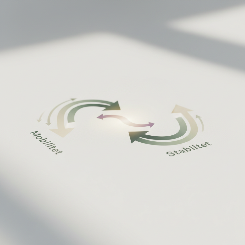 En grafisk illustrasjon av pilene som representerer mobilitet og stabilitet i skulderleddet, som møtes i en balansepunkt, visuelt antyder viktigheten av både bevegelse og styrke for en frisk skulder.