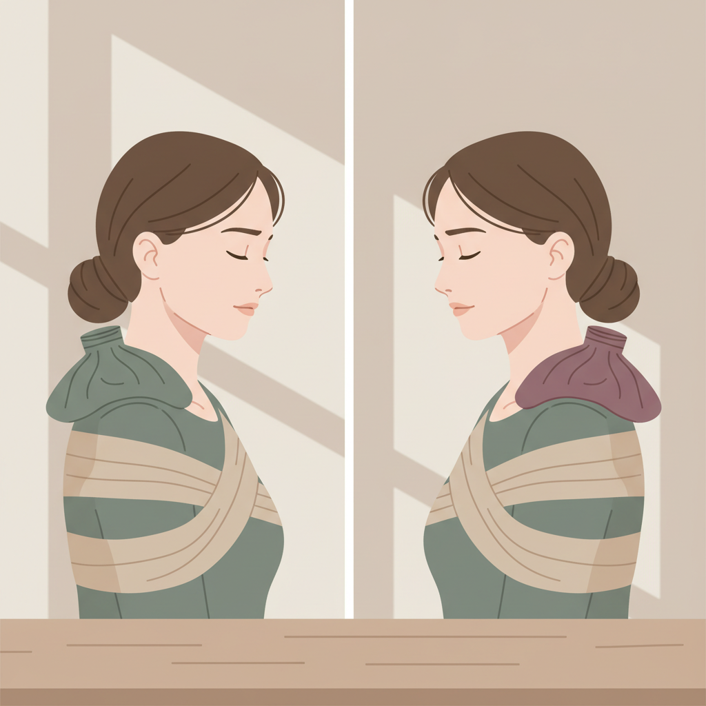 Illustrasjon som viser en person med smerter i skulderen, en side med en ispakke på skulderen og en side med en varmepakke på skulderen.