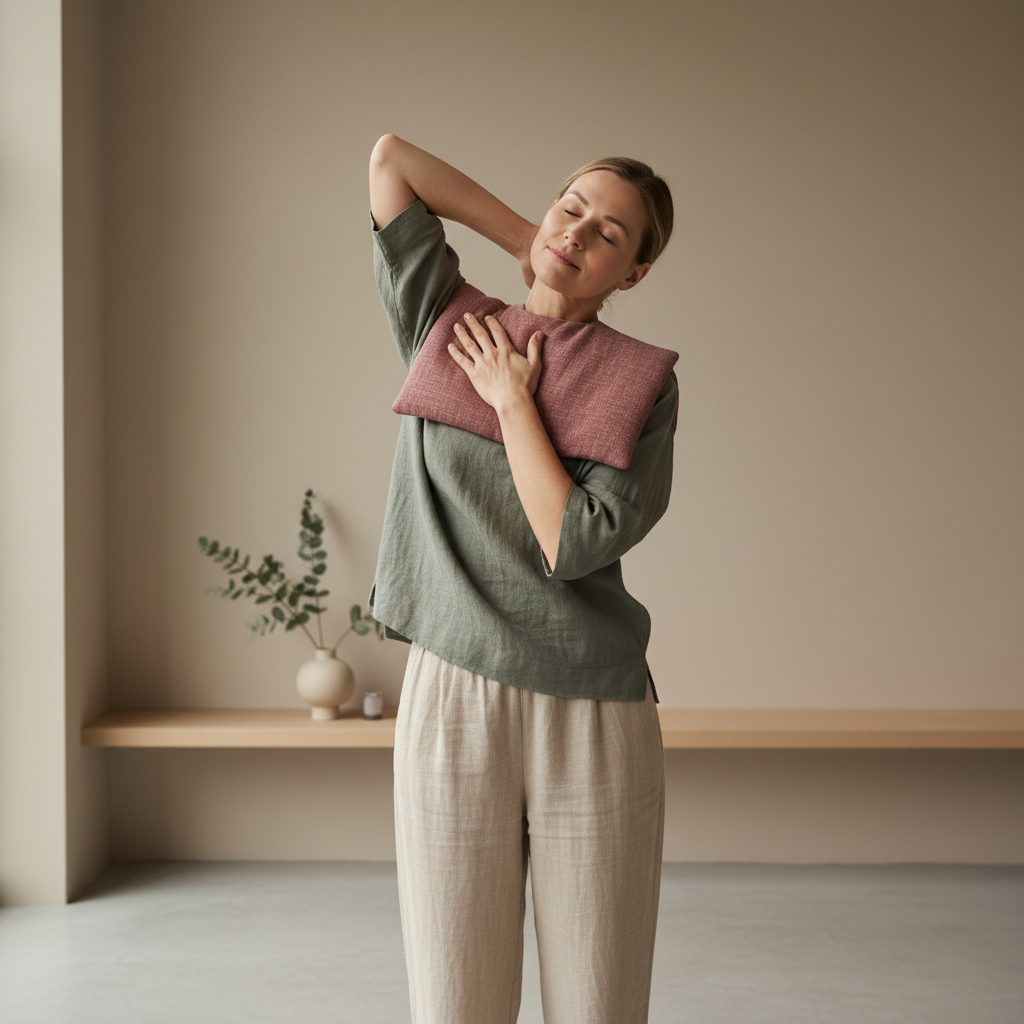 En person som forsiktig strekker ut nakke og skuldre etter å ha brukt en varmepakke.