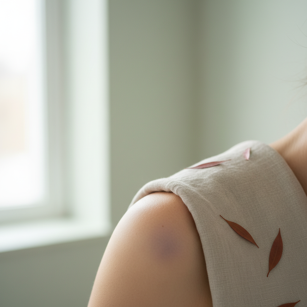 Nærbilde av en ispose innpakket i et håndkle på en skulder, med en subtil indikasjon på smertelindring.