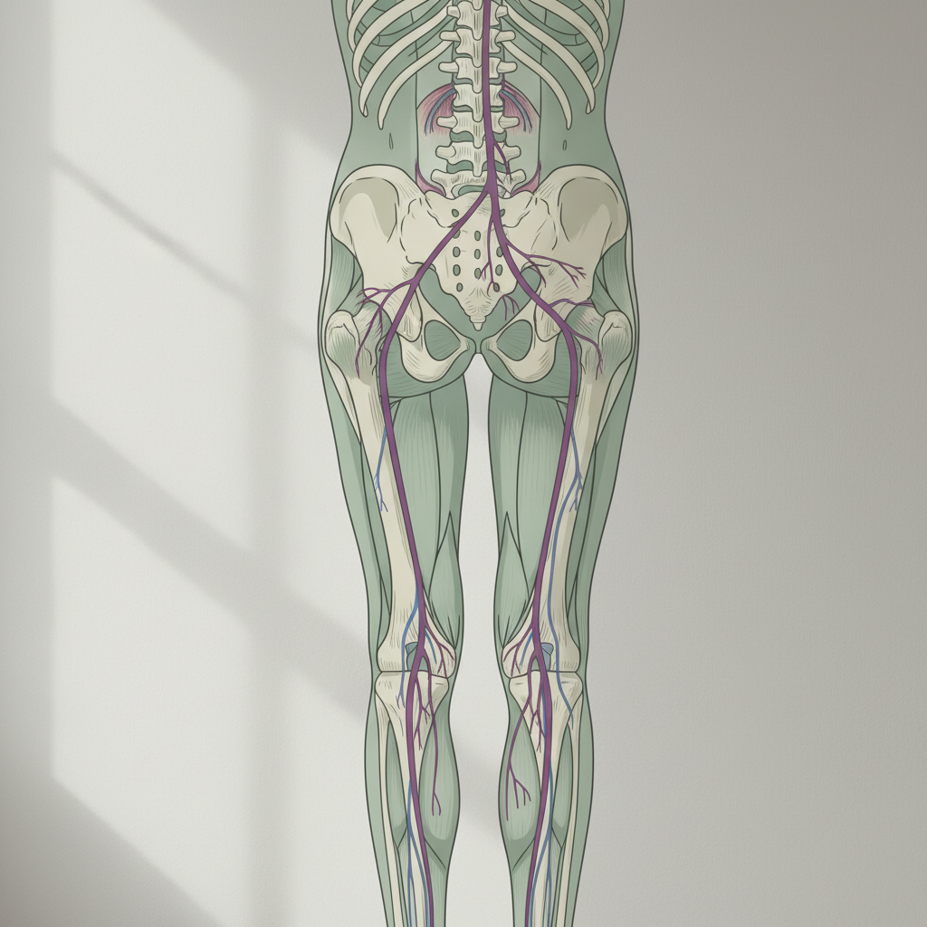 En detaljert anatomisk illustrasjon som viser isjiasnerven som forgrener seg fra korsryggen og nedover beinet, med fokus på nervens forløp og nærliggende strukturer.