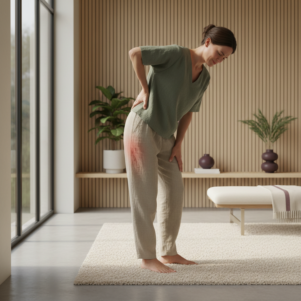 En person som holder seg på korsryggen og ansiktet viser tegn på ubehag, mens den andre hånden strekker seg nedover baksiden av låret for å illustrere smerteforløpet.