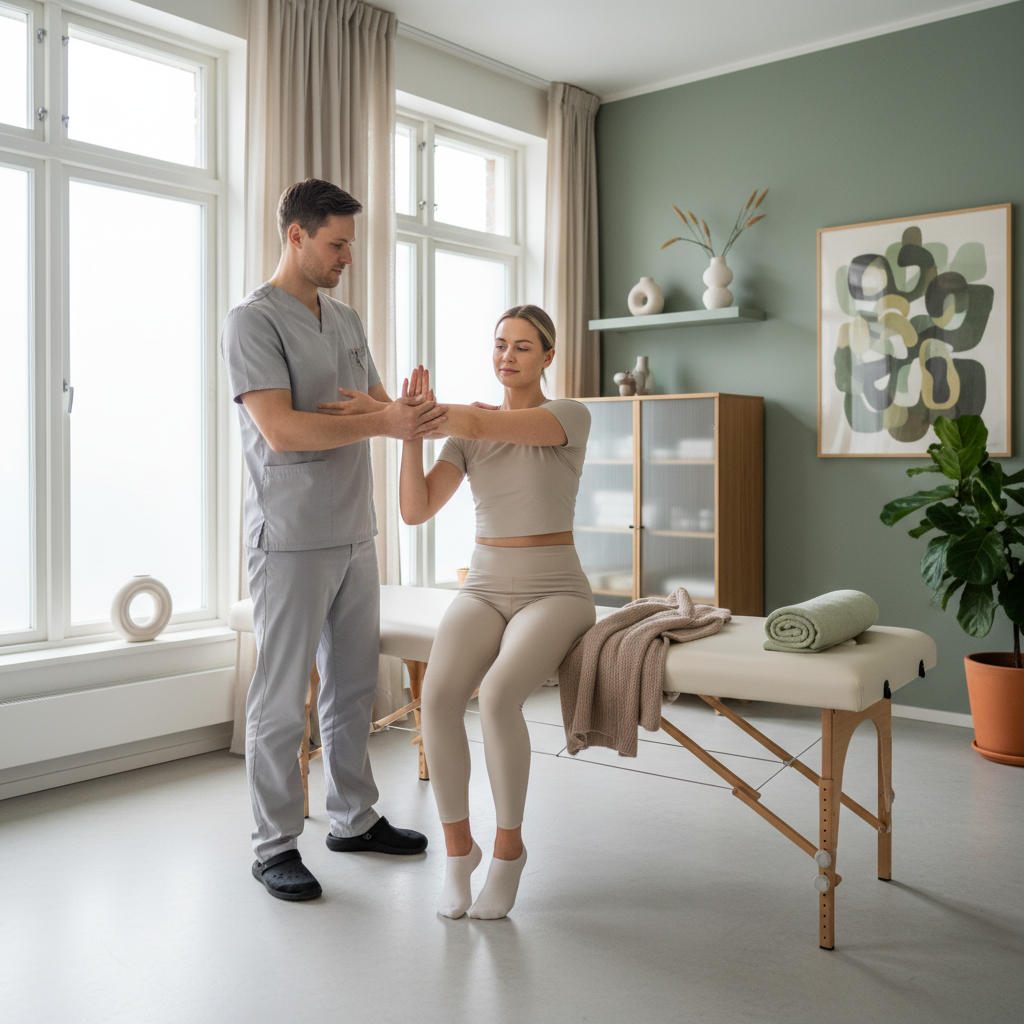 En naprapat som demonstrerer en enkel strekkøvelse for en pasient sittende på en behandlingsbenk.