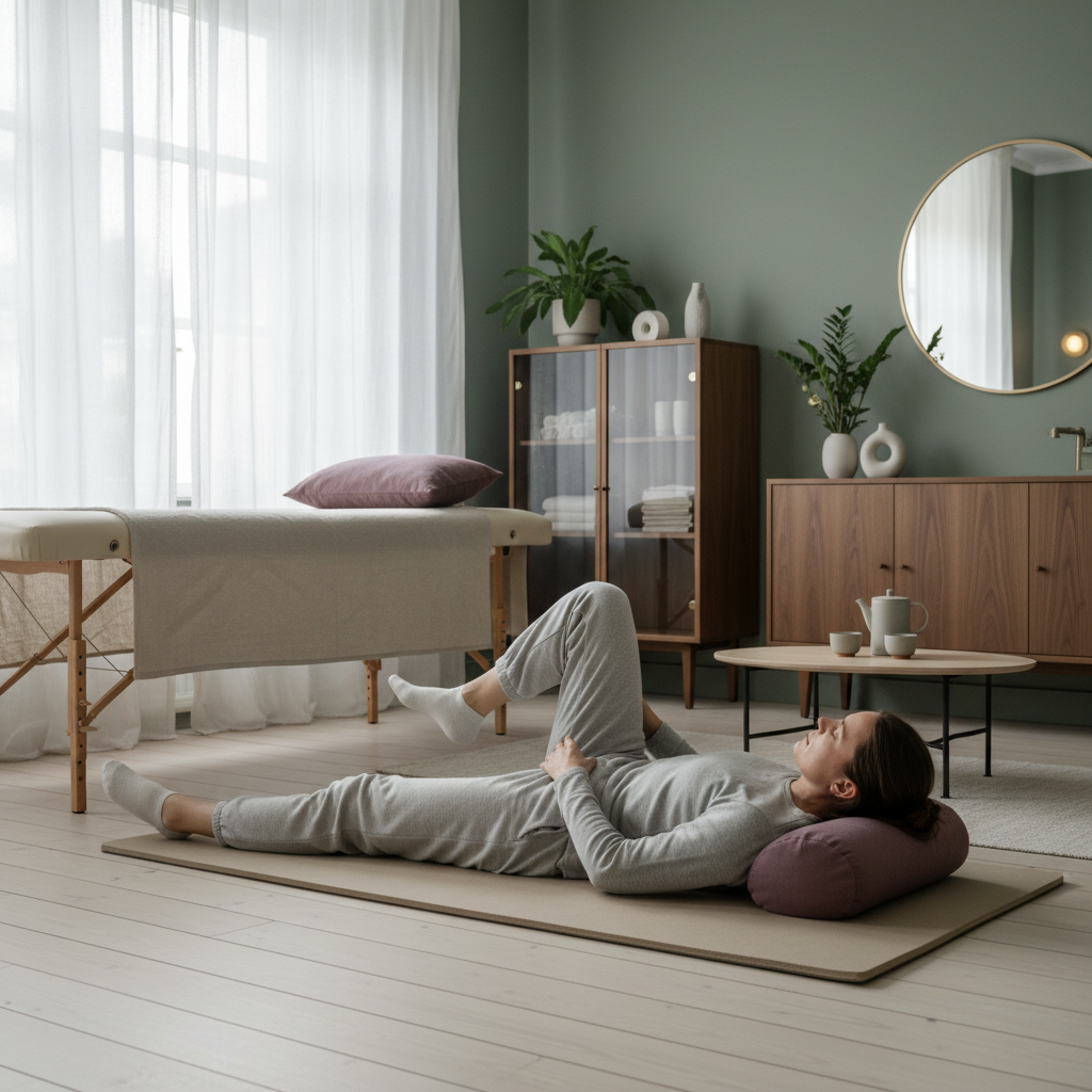 En person som forsiktig utfører en kne-til-bryst-strekkøvelse liggende på gulvet.