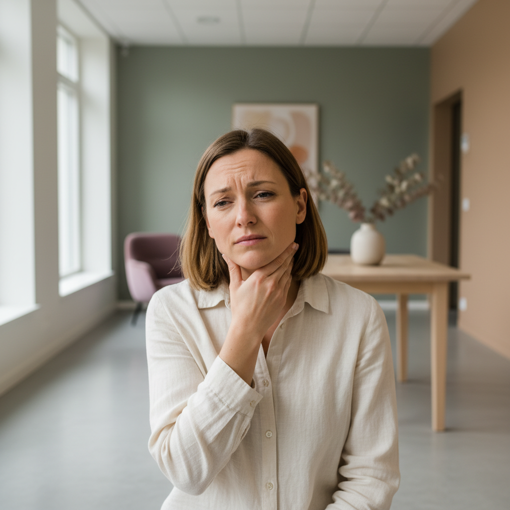 En person som holder seg til kjeven med en bekymret mine, illustrerer ubehaget ved kjevesmerter.