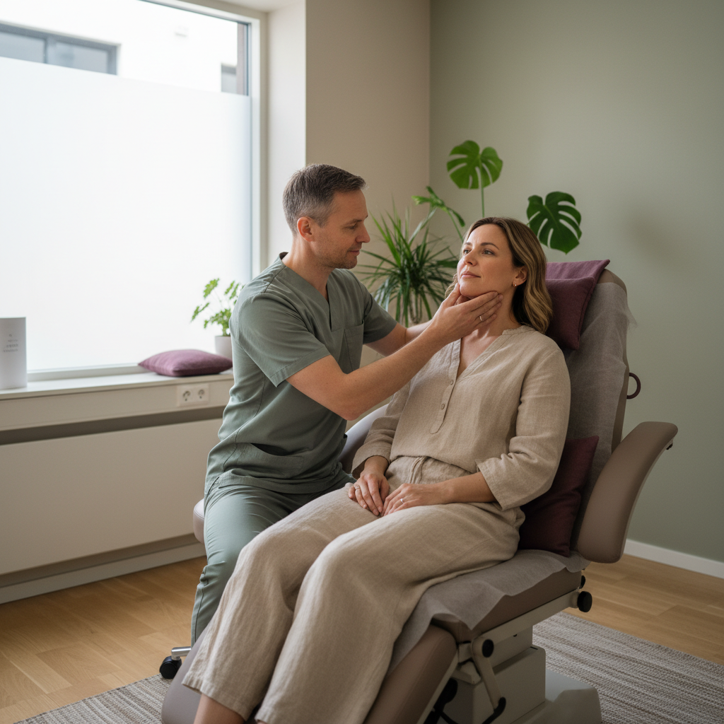 En naprapat som undersøker en pasients kjeve, mens pasienten sitter komfortabelt i en behandlingsstol.