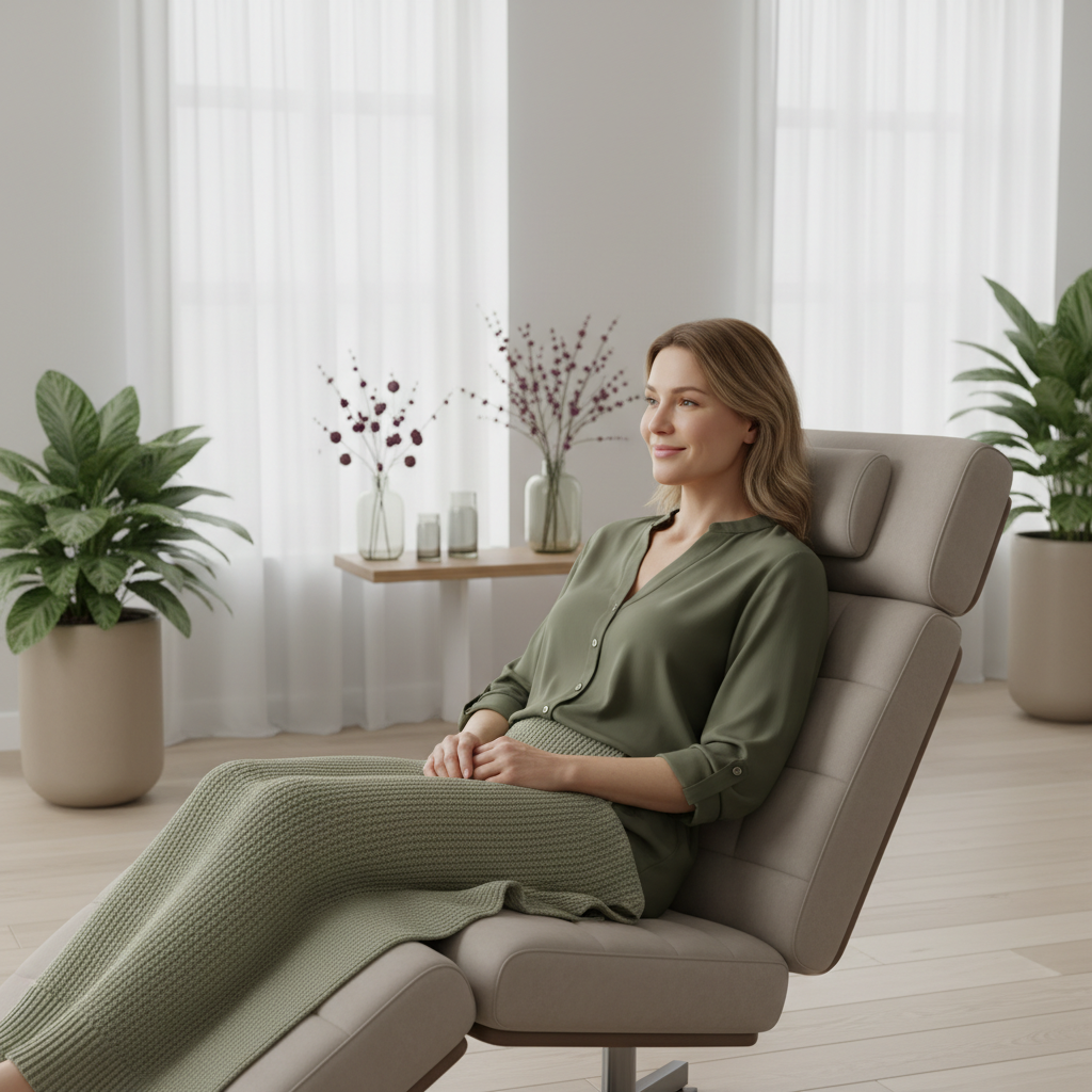 En fornøyd pasient smiler lettet etter en vellykket behandling, som symboliserer lettelse fra smerte.