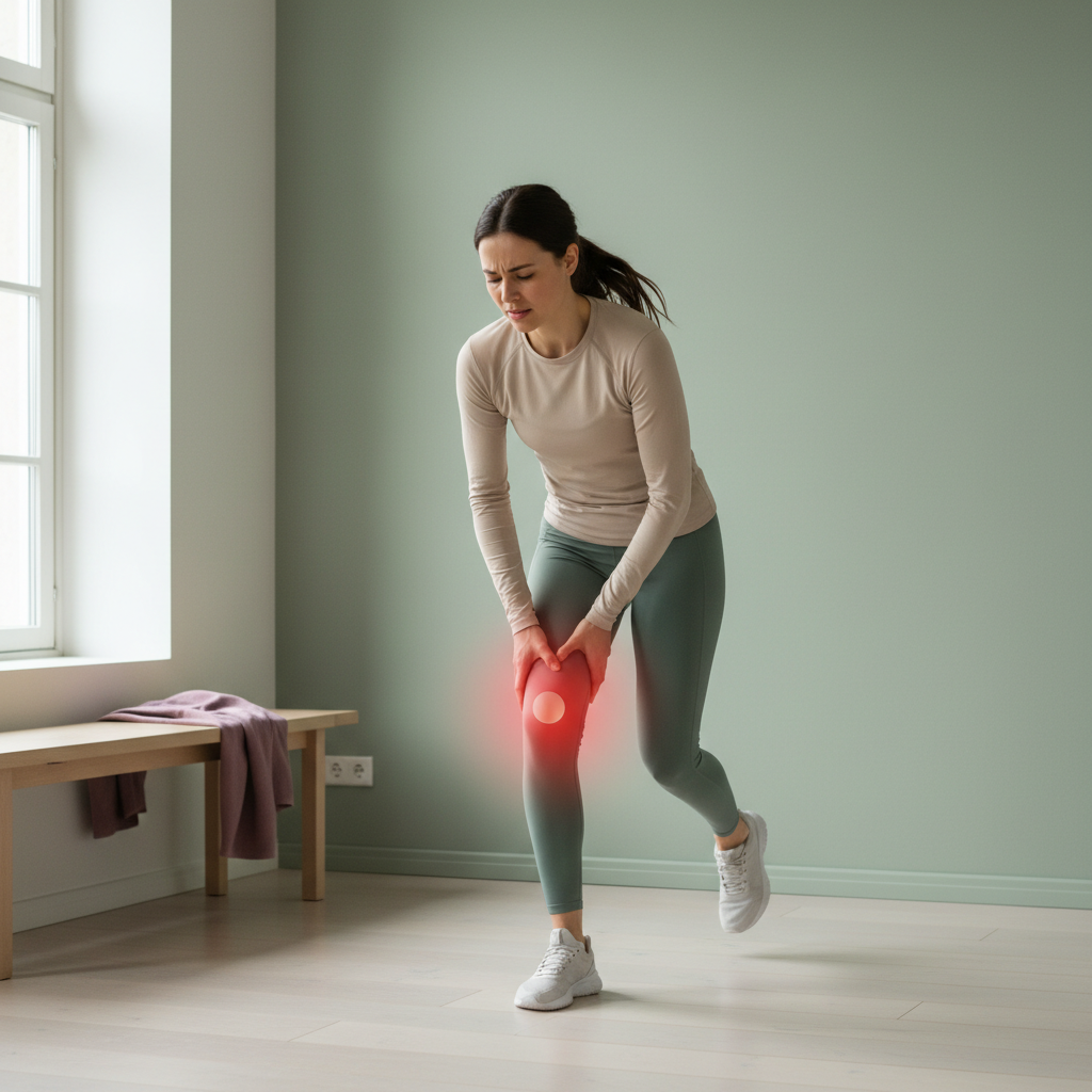 en person som løper, men har smertre i kneet. definert med rødt rundt smerteområdet